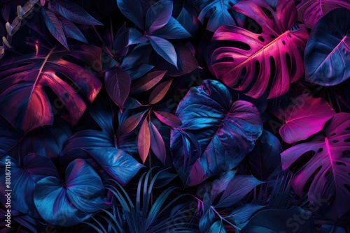 Violet tropical leaves glowing in the dark  creating a stunning pattern