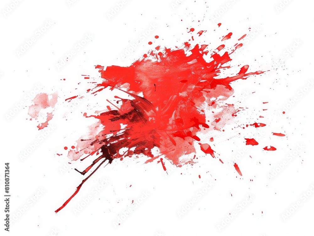 A red splatter of paint on a white background. The splatter is large and covers a significant portion of the background. The red color is bold and intense, creating a sense of chaos and disorder