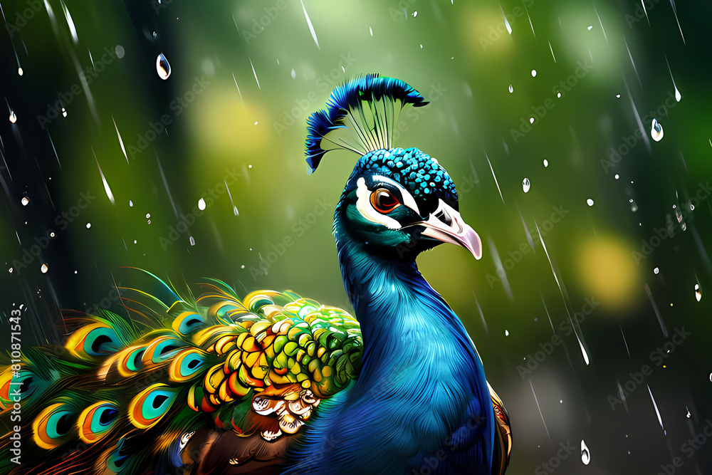 Portrait of peacock with feathers out in rain, beautiful scenery illustration Portrait of peacock with feathers out in rain, beautiful scenery illustration