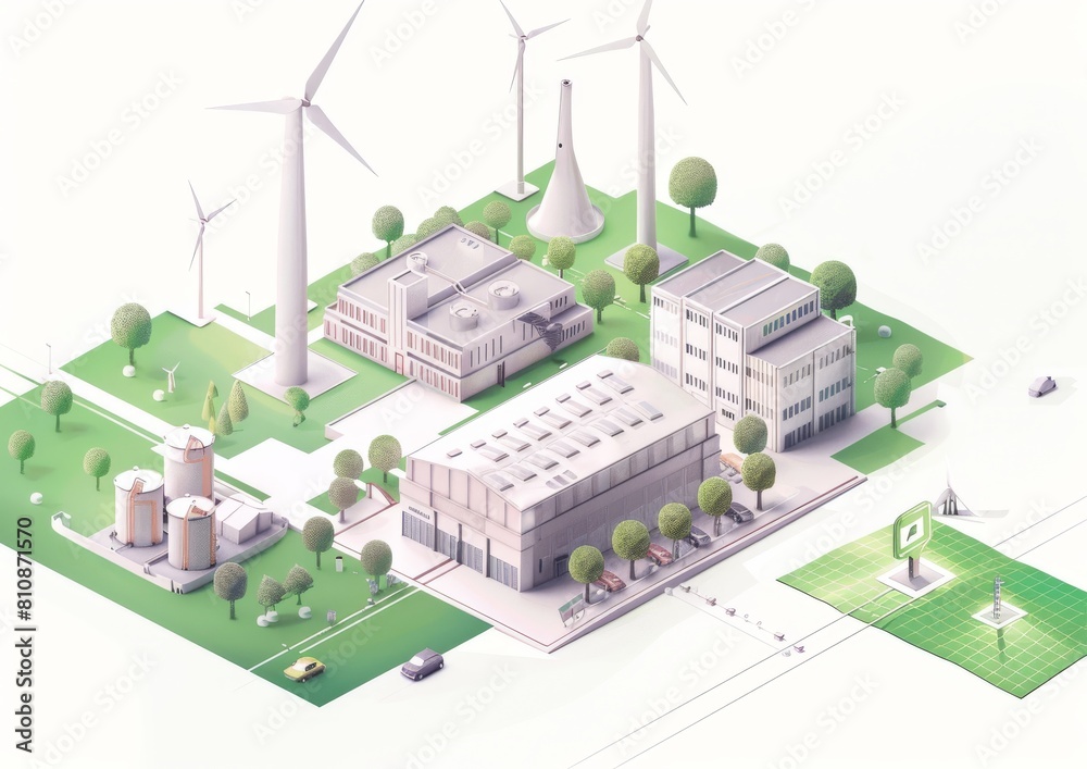 A cityscape with a large windmill in the middle. The windmill is surrounded by a few other buildings and trees A cityscape with a large windmill in the middle. The windmill is surrounded by a few other buildings and trees