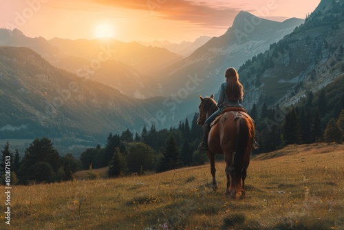 A woman is riding a horse in a field with mountains in the background. The sun is setting, creating a warm and peaceful atmosphere © Bambalino Studio