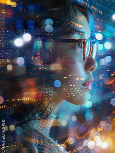 A woman with glasses is looking at a cityscape with a lot of lights. The image is a collage of different lights and the woman's face is the main focus. Scene is bright and energetic. Concept of trade  © Bambalino Studio