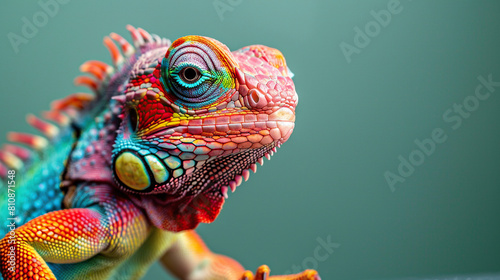 colorful chameleon or lizard wearing goggles or glasses on vibrant green blur background with space for text   cards  banners  portraits 