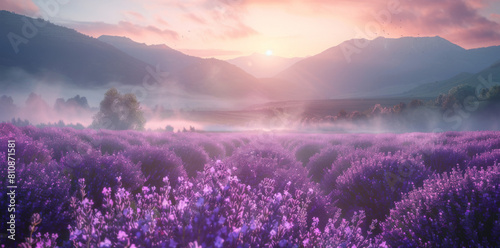 Serene Lavender Field at Sunset with Majestic Mountains and Mist in the Air