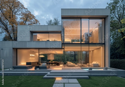 A large  modern house with a large glass front door and a large glass window. The house is surrounded by a lush green lawn and has a large patio area