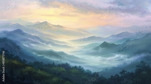 The beauty of a peaceful sunrise over misty mountains, soft pastel colors, gentle fog rolling over peaks, and a sense of stillness in the landscape, the peacefulness of the early morning hour © Nhan
