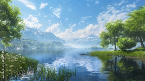 The serenity of a peaceful lake   calm waters reflecting the surrounding landscape  with lush trees  mountains  or a clear blue sky  evoking a sense of tranquility and harmony