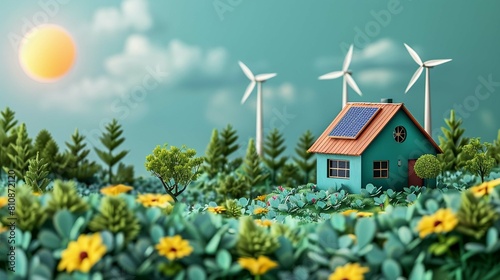 A depiction of ecosustainable housing, with wind turbines and solar panels adorning the roof, illustrated in a simple, green energy landscape photo