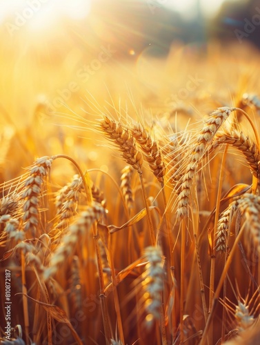 A field of golden wheat with the sun shining on it. The sun is casting a warm glow on the wheat  making it look like a golden carpet. The field is vast and stretches out as far as the eye can see