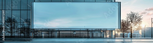An expansive empty billboard mockup towers in front of a modern glass building, reflecting the bright daylight