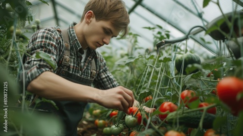 A man is tending to a garden of tomatoes and cucumbers. He is wearing a plaid shirt and black pants