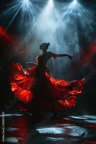 A woman in a red dress is dancing on stage. The lighting is dim and the stage is lit with red lights. Scene is elegant and dramatic
