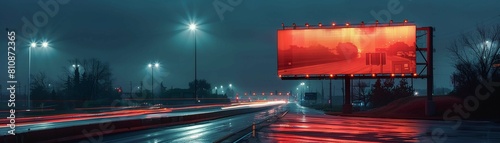 Illuminated by the soft glow of nightlights, a billboard on a highway overpass stands out in a mockup designed for nighttime visibility photo