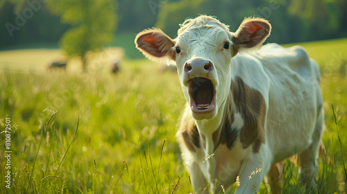 Banner shot of happy cow with open mouth in the grass ai generative