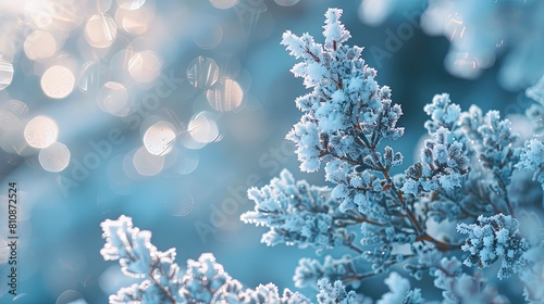 Frozen tree branches with blue bokeh background. Winter landscape.