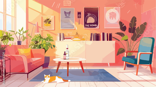Comfy interior with cat table with bottle and glasses
