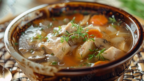 Chicken soup with mushrooms and carrots in a bowl on a wooden table