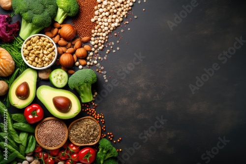A variety of vegetables and nuts are displayed on a table. Concept of abundance and health, as it showcases a diverse selection of nutritious foods. The arrangement of the items, such as the avocado