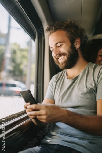 A man is sitting in a train and is looking at his cell phone. He is smiling and he is happy