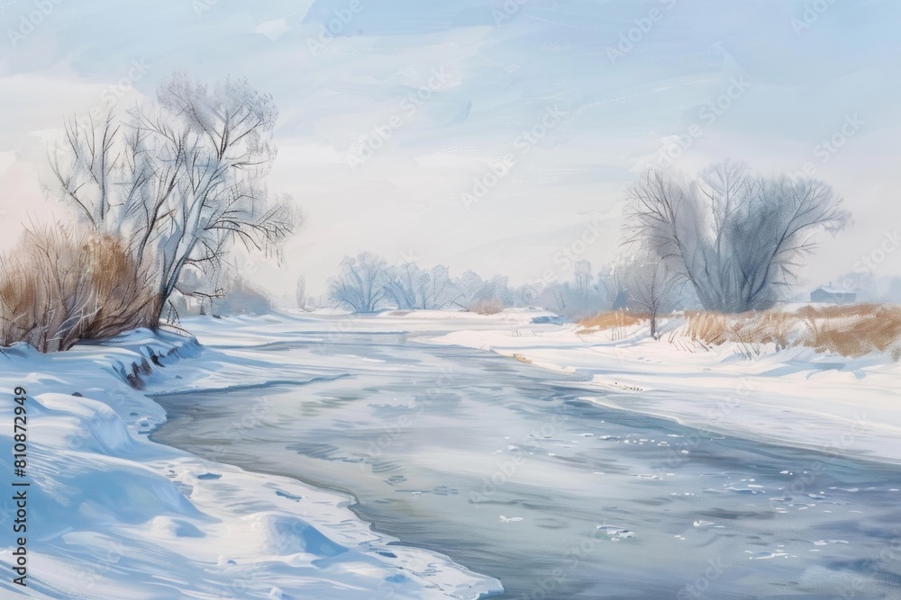 A painting of a river with snow on the banks. The mood of the painting is peaceful and serene