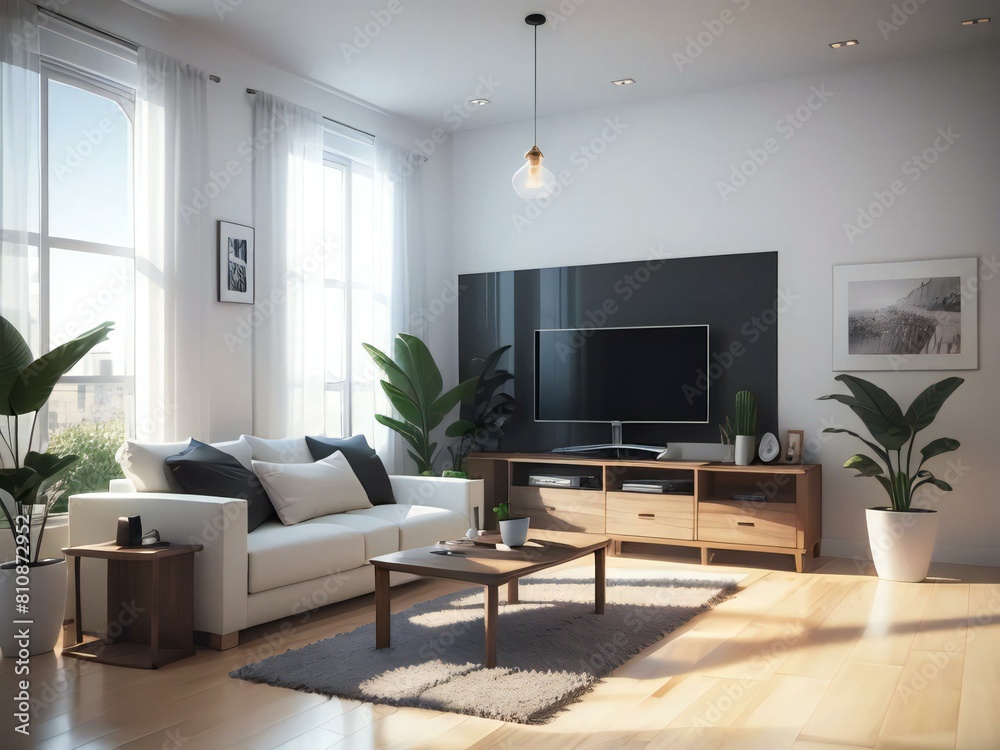 Cozy and stylish modern living room bathed in natural sunlight, featuring sleek furniture and contemporary home decor accents Cozy and stylish modern living room bathed in natural sunlight, featuring sleek furniture and contemporary home decor accents
