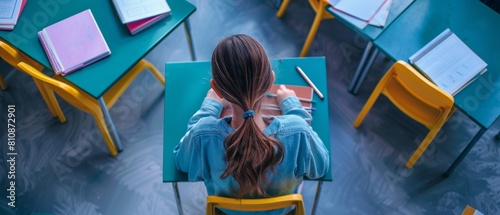 Elementary School Classroom: Girl sitting at a desk, working on assignments in an exercise notebook. photo