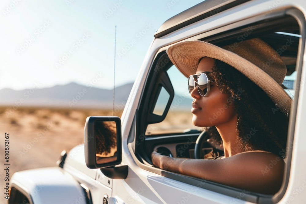 Naklejka premium A woman wearing a straw hat and sunglasses is driving a white Jeep. The scene is set in a desert, with mountains in the background. The woman is enjoying the ride and taking in the scenery