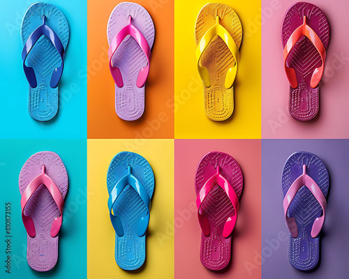 collage of flip flops for summer on multicolored background