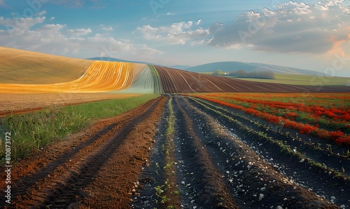 transition from winter to spring with a view of plowed fields ready for planting, interspersed with patches of green emerging from the thawing landscape