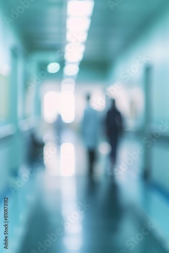 A blurry image of a hospital hallway with people walking down it. The hallway is very long and the people are walking in different directions. Scene is somewhat chaotic and busy