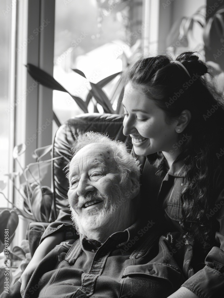 Fototapeta premium A man and a woman are sitting together, the man smiling and the woman looking at him. Scene is warm and affectionate