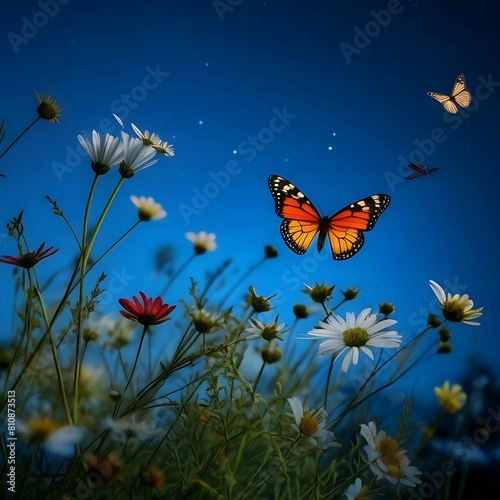 Wildflowers against a blue sky in the night with butterfly