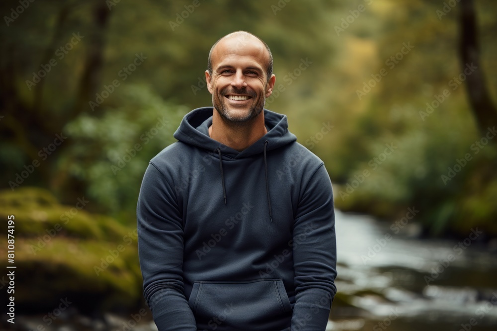 Portrait of a satisfied man in his 40s dressed in a comfy fleece pullover in tranquil forest stream Portrait of a satisfied man in his 40s dressed in a comfy fleece pullover in tranquil forest stream