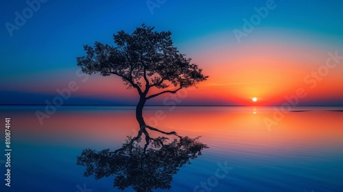 a silhouette of a tree standing in front of the water with the sun setting on the horizon