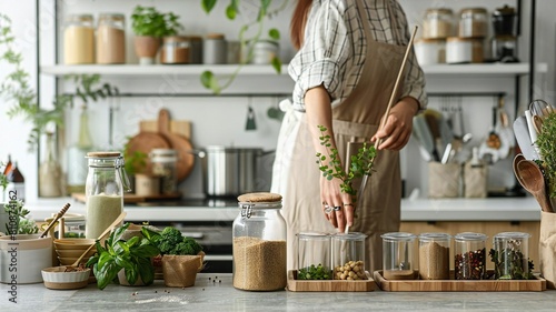 A woman arranges various spices and fresh herbs in a contemporary kitchen with neatly organized storage jars.