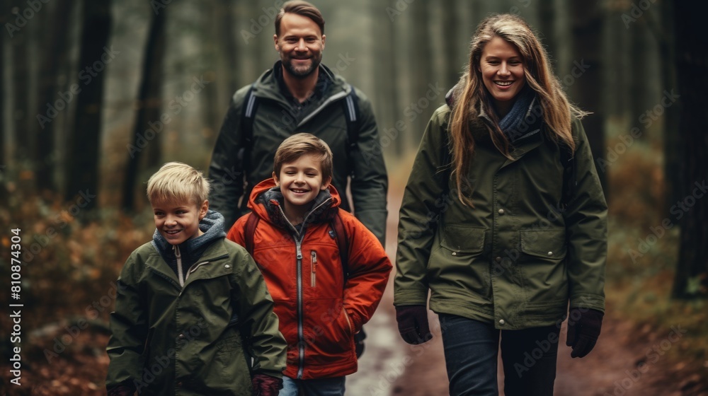 Fototapeta premium A family of four, including two adults and two children, smiling and walking together on a trail in the woods. Fictional Character Created By Generative AI. 