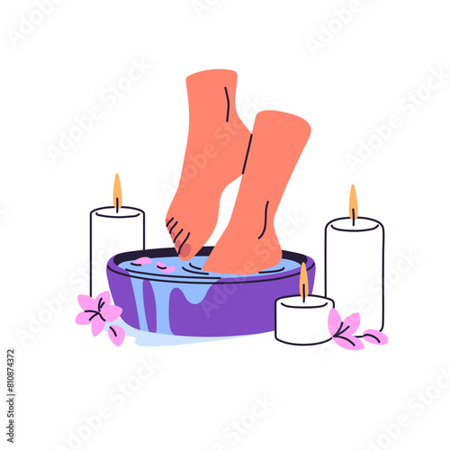 Female legs in foot bath with candles. Girl holds her feet in basin of water, cares about wellness. Woman steams skin, toe nails before pedicure in spa. Flat isolated vector illustration on white