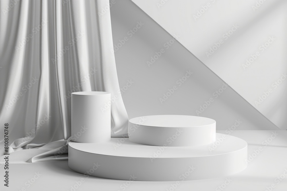 A white curtain is draped over a white pedestal. The pedestal is made of white plastic and is shaped like a circle A white curtain is draped over a white pedestal. The pedestal is made of white plastic and is shaped like a circle