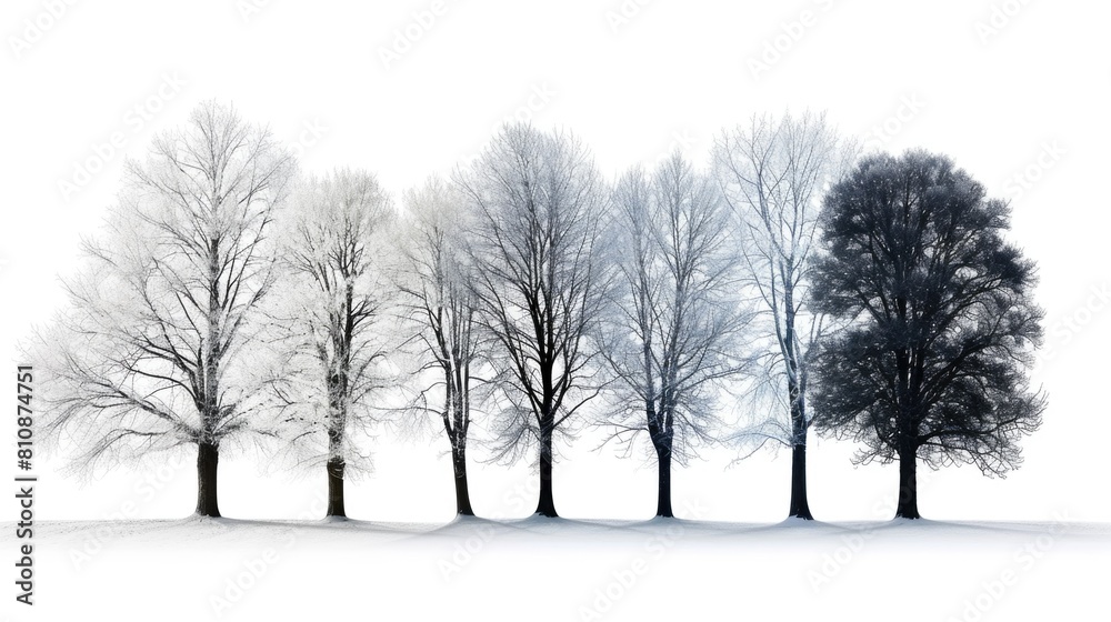 Fototapeta premium A row of trees with one tree in the middle that is black and white