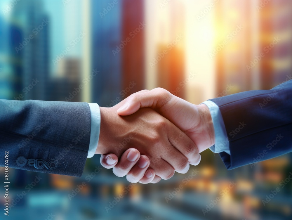 Two men shaking hands in a business setting. Concept of professionalism and trust between the two individuals