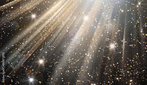 Abstract glitter background with rays of light and sparkles, shiny golden, white, and silver colors