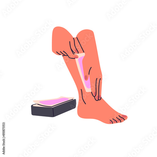Woman removal unwanted body hairs on legs with waxing strips. Girl does depilation on feet, cares about her self. Beauty procedure in spa salon. Flat isolated vector illustration on white background