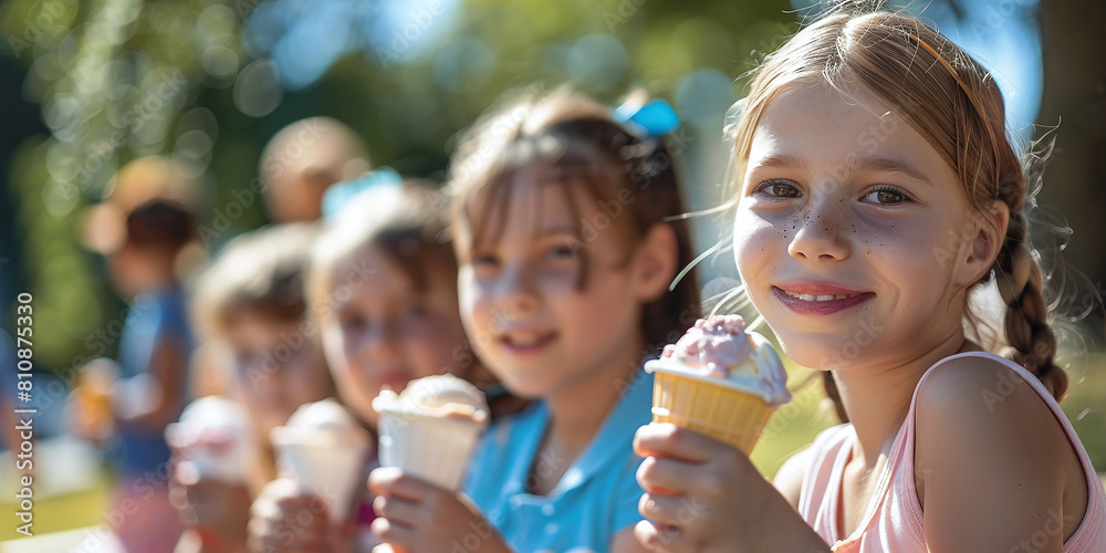 Group of children in the park eating cold ice cream. Concept of friendship and family relationship Group of children in the park eating cold ice cream. Concept of friendship and family relationship