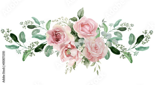 Pink rose flower and eucalyptus. Watercolor seamless floral border