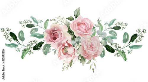 Fototapeta Naklejka Na Ścianę i Meble -  Pink rose flower and eucalyptus. Watercolor seamless floral border