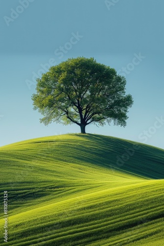 A lone minimalistic tree on top of a grassy hill.
