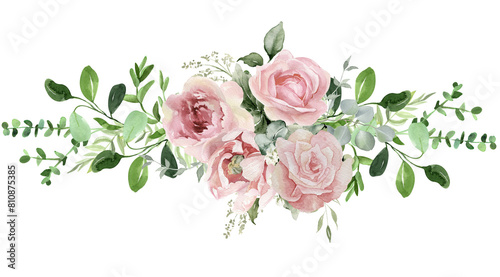 Watercolor Roses flower and eucalyptus greenery border. Floral bouquet for invitations, greeting and wedding photo