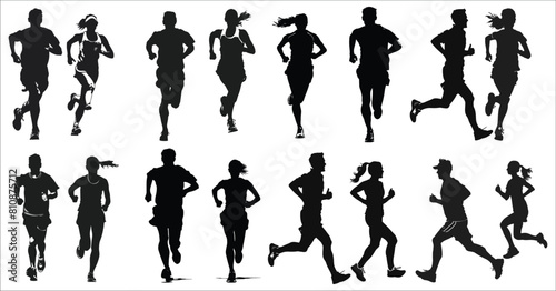 Men and women runners silhouette, Runner Silhouette, Young people running silhouettes, Runners silhouettes collection, Running man and woman black silhouettes, Running, Jogging, Women, Exercise, Sport