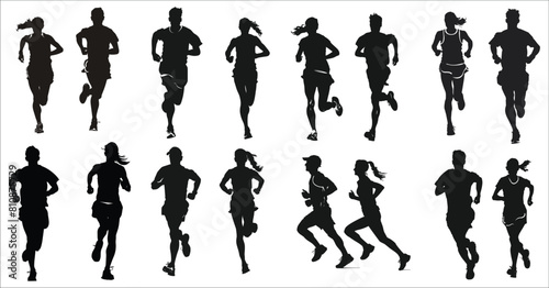 Men and women runners silhouette, Runner Silhouette, Young people running silhouettes, Runners silhouettes collection, Running man and woman black silhouettes, Running, Jogging, Women, Exercise, Sport