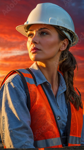 Portrait of a construction worker wearing hard hat and vest with a beautiful sunset over the construction site in the background © The A.I Studio